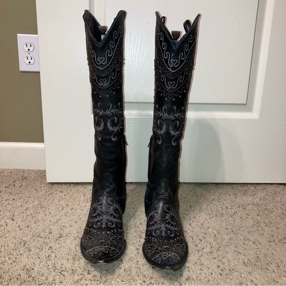 OLD GRINGO Boots STUDDED Embroidery BLACK Anthracite 19" - Sz 8.5 B Very Nice! - Picture 5 of 16